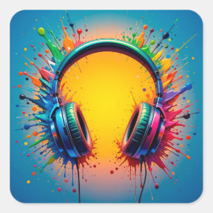 🎧 Vibrant Headphones Color Splash Pop Art Square Sticker