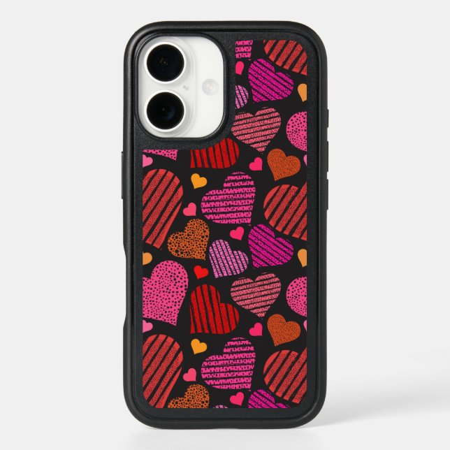 Vibrant Heart Patterns on a Black Background Otterbox iPhone Case (Back)