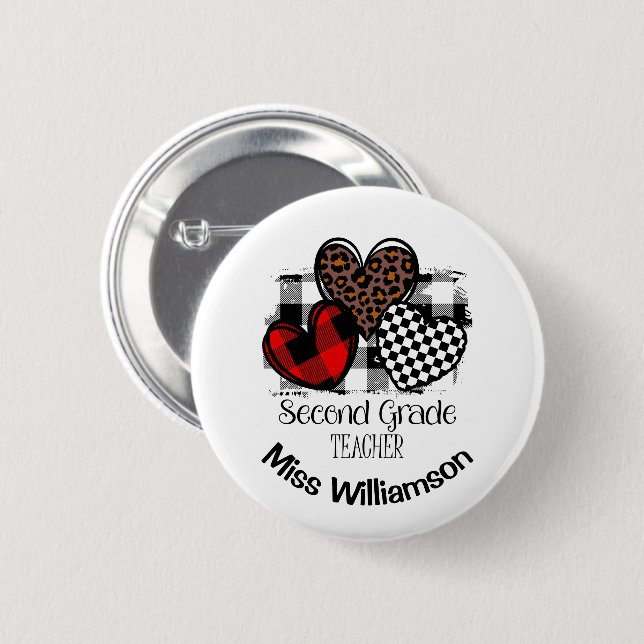 Vibrant Hearts Custom Name 2nd Grade Teacher Button (Front & Back)