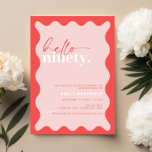 Vibrant Hello Ninety 90th Birthday Party Invitation<br><div class="desc">This vibrant 90th birthday party invitation is perfect for a modern birthday party. The simple design features contemporary hello script text in white colour on vibrant peach background with wavy border. Customisable in any colour. Keep the design minimal and elegant, as is, or personalise it by adding your own graphics...</div>