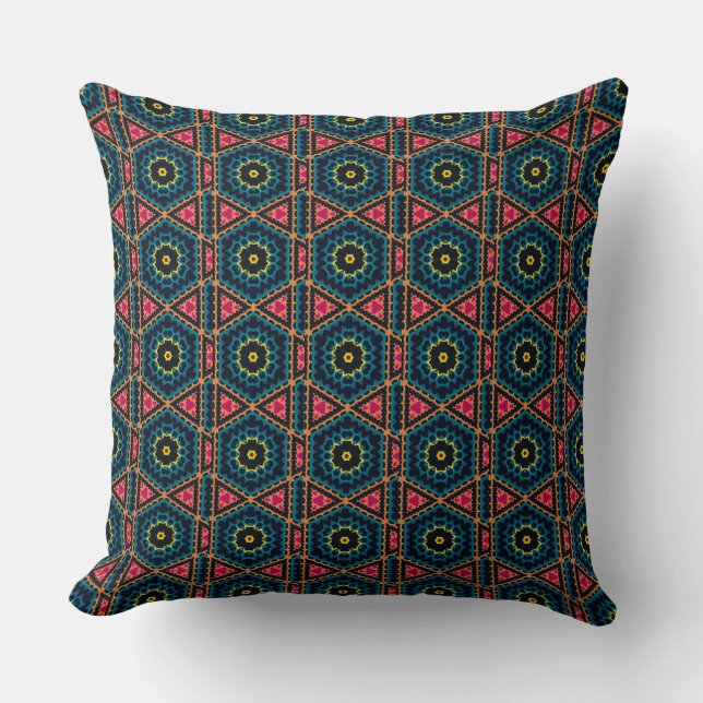 Vibrant Hexagonal Floral Geometric Pattern Throw Pillow (Front)