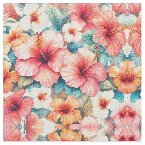 Colorful Hibiscus Pattern Fabric | Zazzle