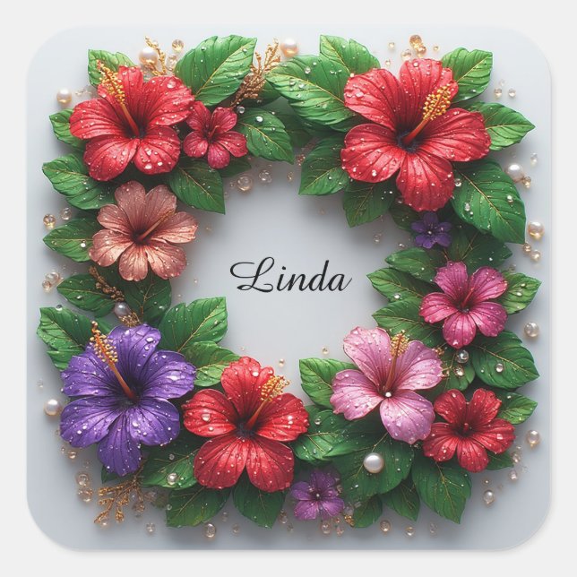 Vibrant Hibiscus Wreath Square Sticker (Front)