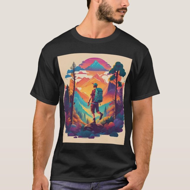 Vibrant Hiker in a Sunset Forest  T-Shirt (Front)