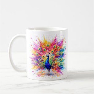 Vibrant Holi Peacock Watercolor Art Coffee Mug