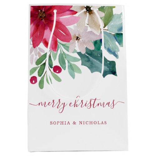 Vibrant Holiday Floral  Christmas Watercolor Medium Gift Bag