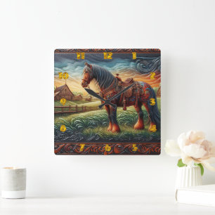 Vibrant Horse in Colorful Farm Scene Square Wall Clock
