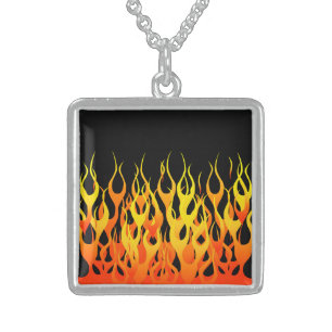 Vibrant Hot Classic Racing Flames on Fire Sterling Silver Necklace