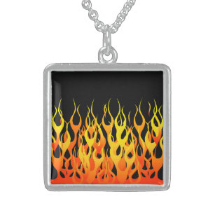 Vibrant Hot Classic Racing Flames on Fire Sterling Silver Necklace