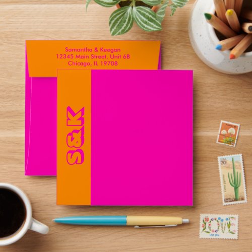 Vibrant Hot Pink and Orange Monogram Personalized Envelope