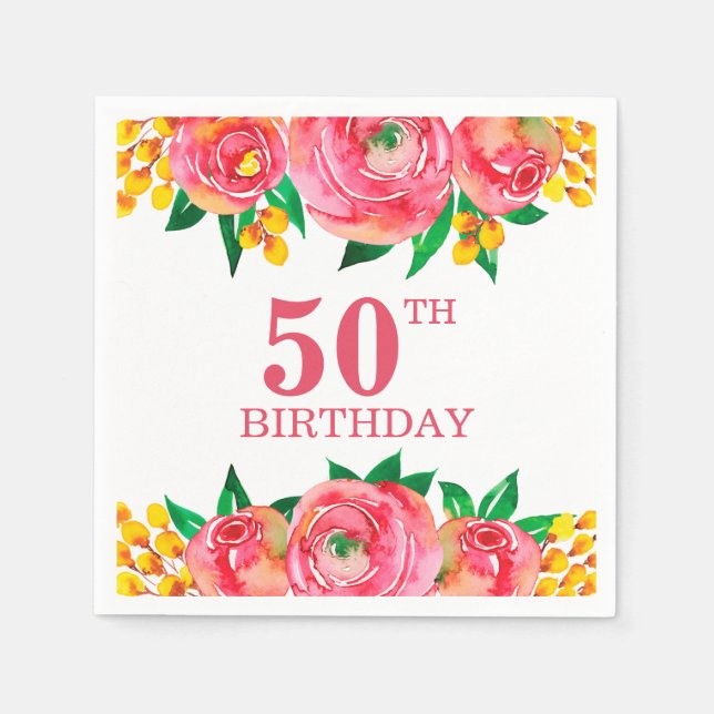 Vibrant Hot Pink and Yellow Watercolor Floral Napkins (Front)