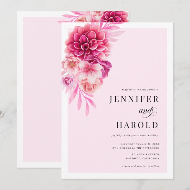 Vibrant Hot Pink Floral Wedding Invitation (Front/Back)