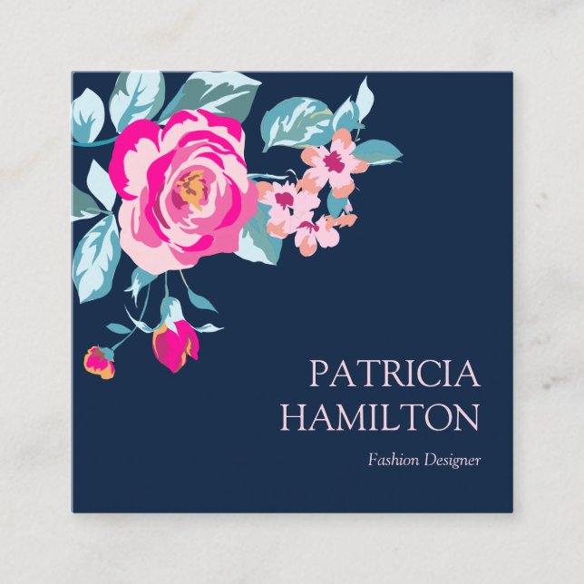 Vibrant Hot Pink Flowers Pattern On Navy Blue Square Business Card (Front)