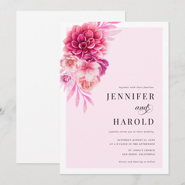 Vibrant Hot Pink Flowers Wedding Invitation (Front/Back)
