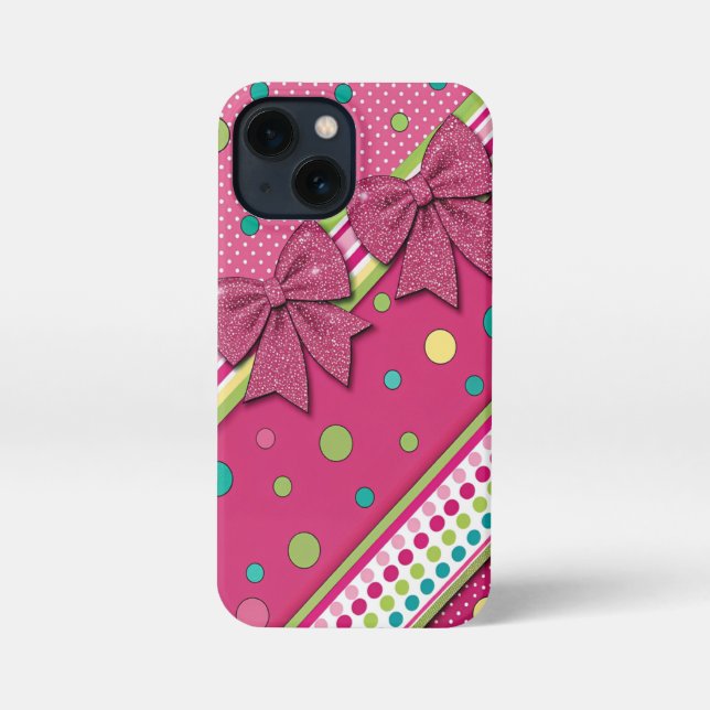 Vibrant Hot Pink Green Stripes Polka Dots Glitter  iPhone Case (Back)