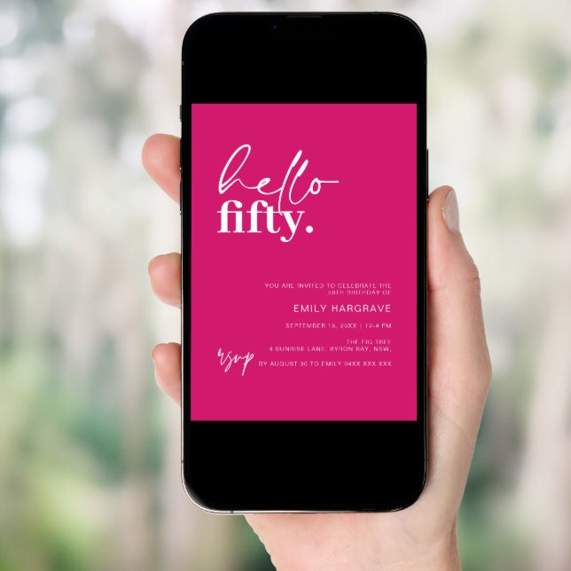 Vibrant Hot Pink Hello Fifty 50th Birthday Party Invitation (Front Digital)