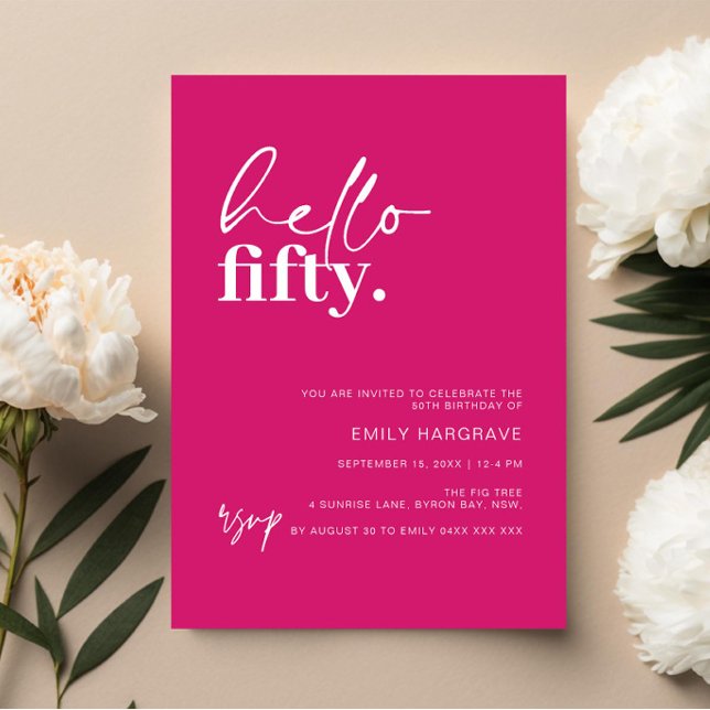 Vibrant Hot Pink Hello Fifty 50th Birthday Party Invitation (Creator Uploaded)