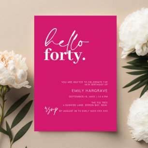 Vibrant Hot Pink Hello Forty 40 Birthday Party Invitation