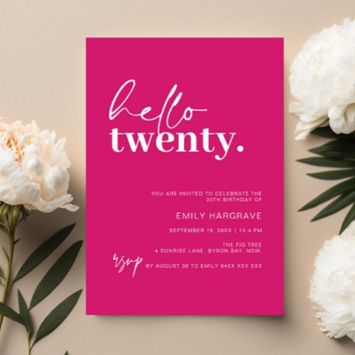 Vibrant Hot Pink Hello Twenty 20th Birthday Party Invitation