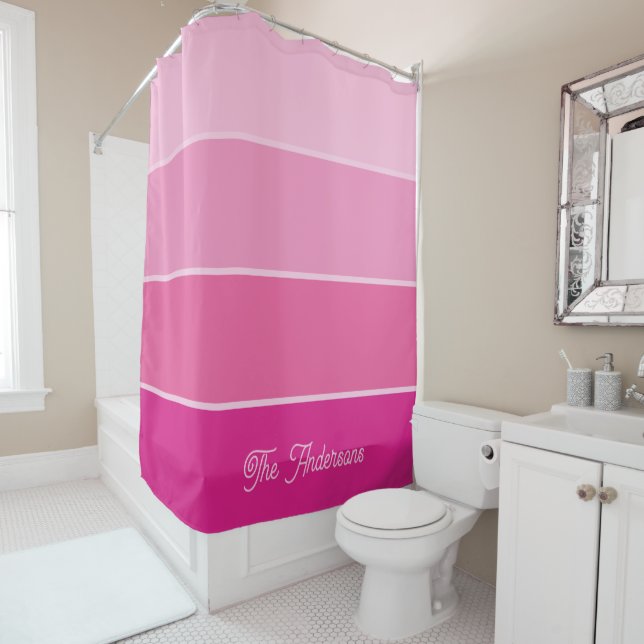 Vibrant Hot Pink | Ombre Stripes with Script Shower Curtain (In Situ)