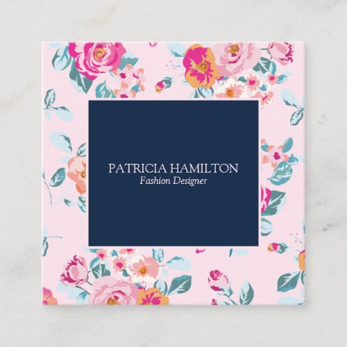 Vibrant Hot Pink Roses Floral Pattern On Blush Square Business Card