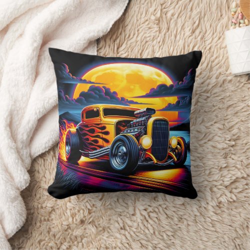 Vibrant hot rod cruising under a full moon at dusk throw pillow