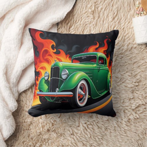 Vibrant hot rod roaring down a fiery highway throw pillow