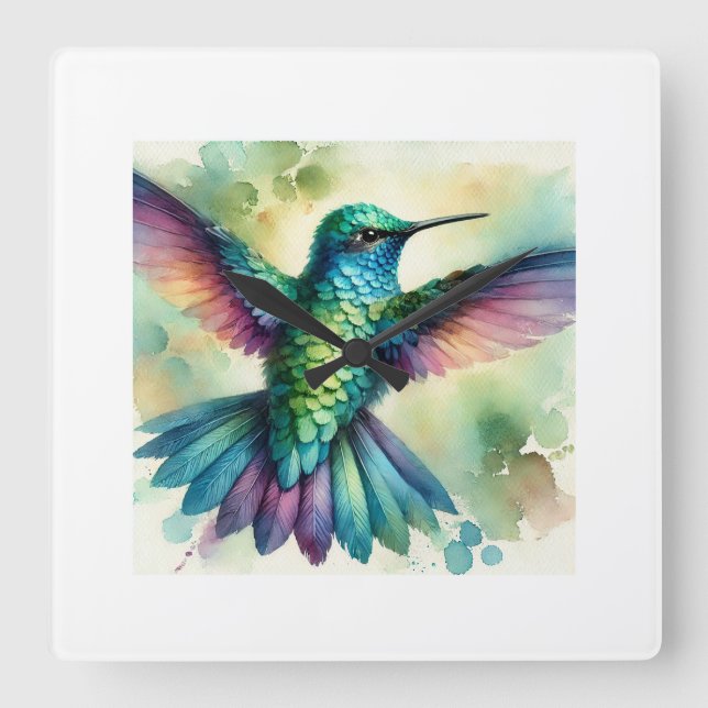 Vibrant Hummingbird 240824AREF124 - Watercolor Square Wall Clock (Front)