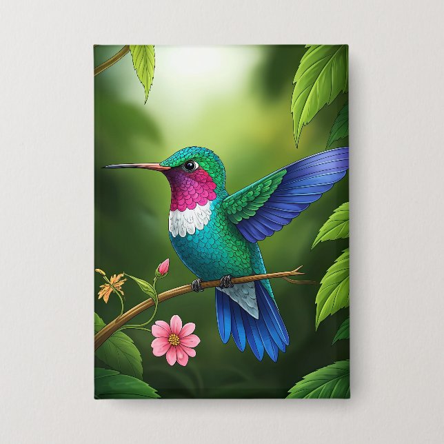 Vibrant Hummingbird Among Leaves Button (Front)