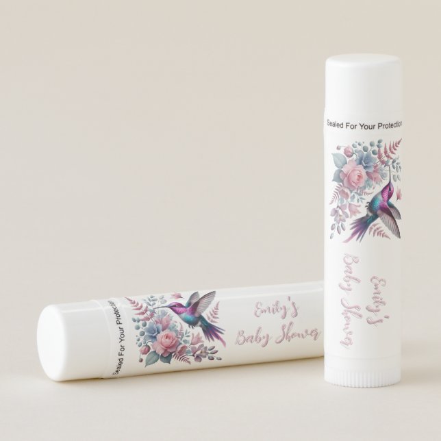 Vibrant Hummingbird And Pink Blooms Baby Shower Lip Balm (Front)