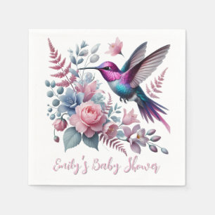 Vibrant Hummingbird And Pink Blooms Baby Shower Napkins