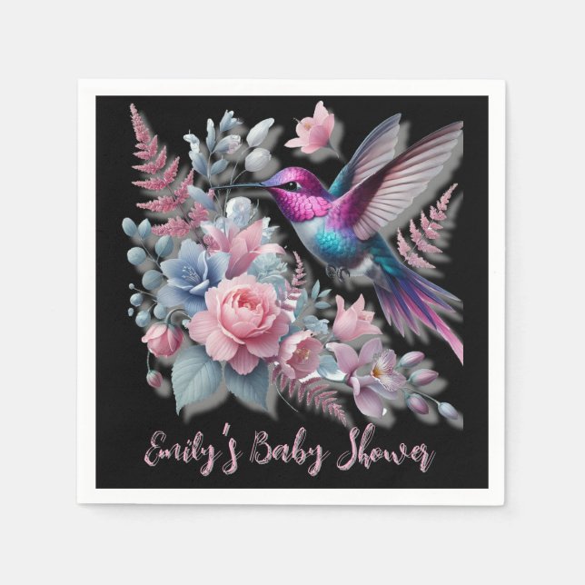 Vibrant Hummingbird And Pink Blooms Baby Shower Napkins (Front)