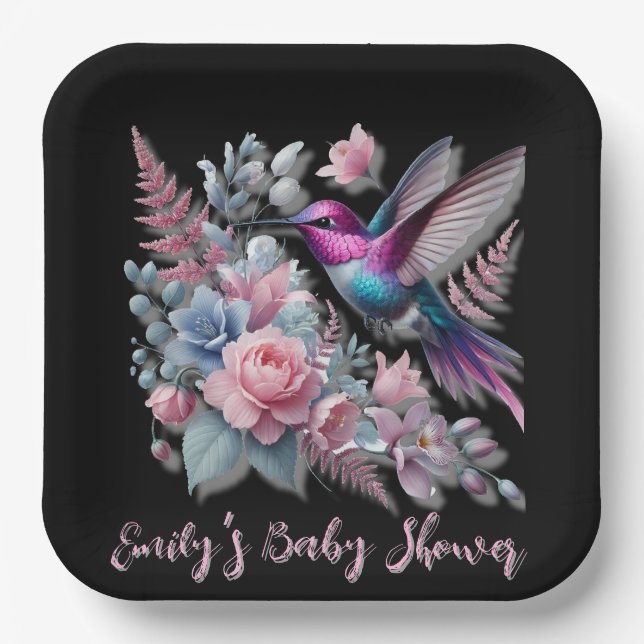 Vibrant Hummingbird And Pink Blooms Baby Shower Paper Plates (Front)
