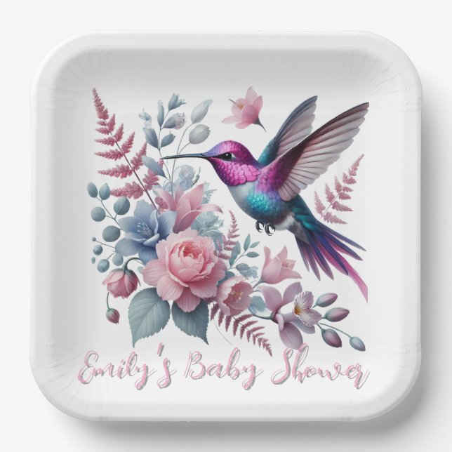 Vibrant Hummingbird And Pink Blooms Baby Shower Paper Plates (Front)