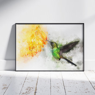 Vibrant Hummingbird and Yellow Floral Watercolor Photo Print