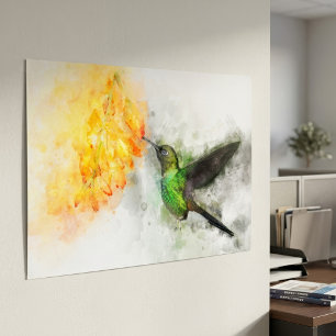 Vibrant Hummingbird and Yellow Floral Watercolor Poster