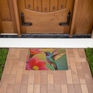 Vibrant Hummingbird at Sunset Design Fiber Doormat