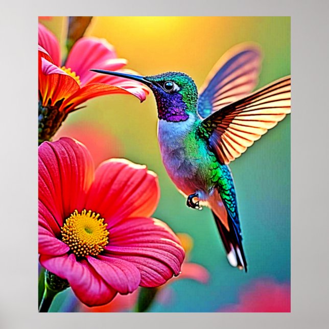 Vibrant Hummingbird at Sunset Design Poster (Front)