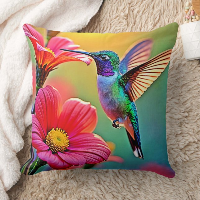 Vibrant Hummingbird at Sunset Design Throw Pillow (Blanket)