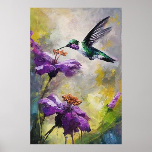 Vibrant Hummingbird Ballet Among Purple Blossoms Poster
