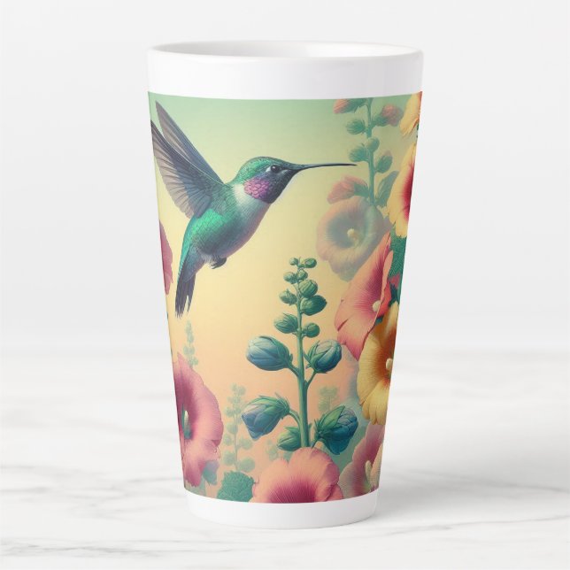 Vibrant Hummingbird Flies Among Colorful Flowers Latte Mug (Front)