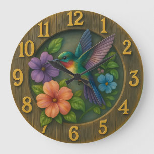 Vibrant hummingbird garden clock with floral detai