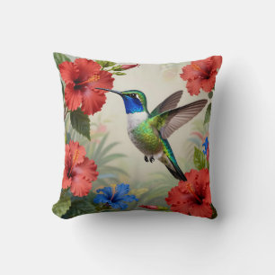Vibrant Hummingbird Hibiscus Floral Throw Pillow