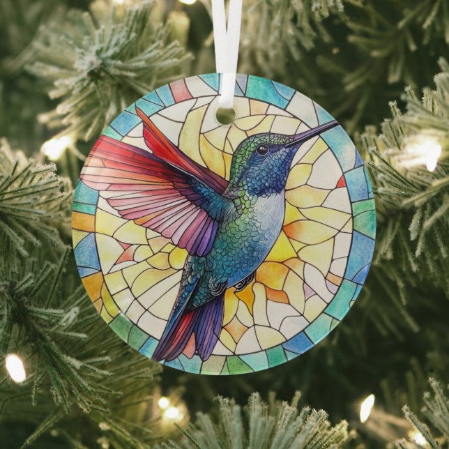 Vibrant Hummingbird Stained Glass Ornament (Insitu)