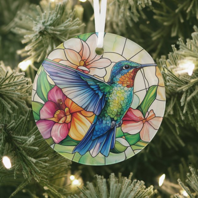 Vibrant Hummingbird Stained Glass Ornament (Insitu)