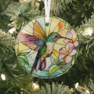 Vibrant Hummingbird Stained Glass Ornament
