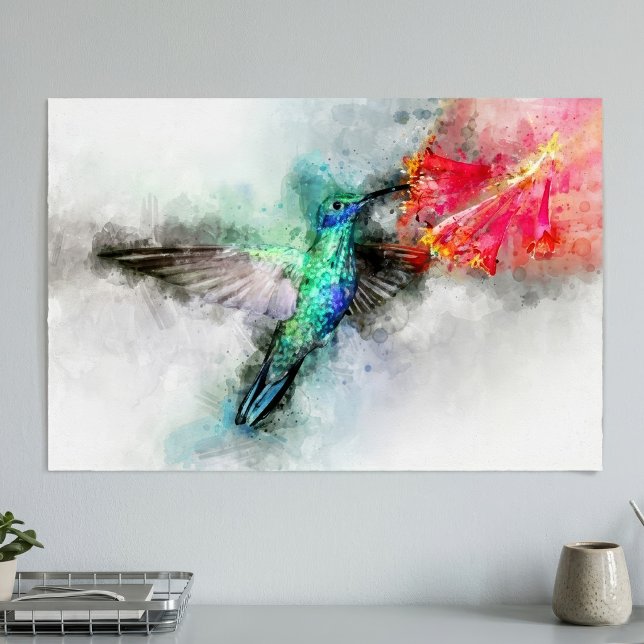 Vibrant Hummingbird Watercolor Floral Art Print (Vibrant Hummingbird Watercolor Floral Art Print. Poster)