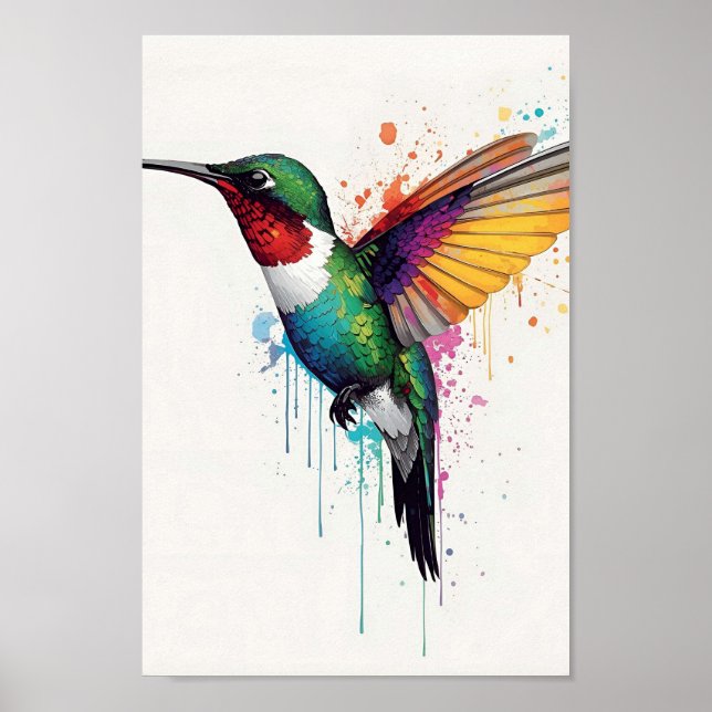 Vibrant Hummingbird Watercolor Splash Poster (Front)