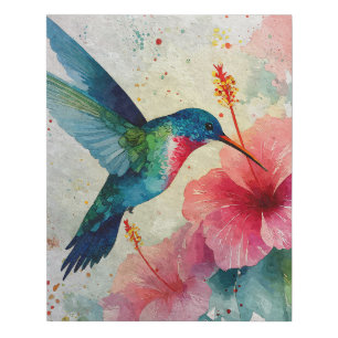 Vibrant Hummingbird With Hibiscus Bloom Faux Canvas Print