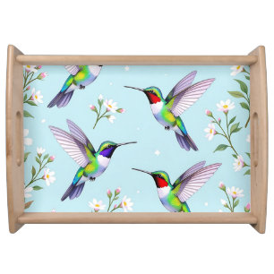 Vibrant Hummingbirds and White Cherry Blossom Serving Tray